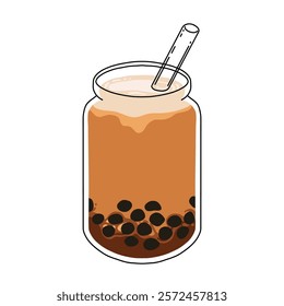 A glass of boba latte drink in glass. Coffee with tapioca pearl bubbles, milk and cream Vector cartoon flat design