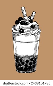 Glass of Boba tea  with cream, hand drawn sketch, vector illustration 