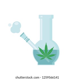 Glass Bong For Smoking. Blue Bong With Marijuana. Isolated Vector Illustration On White Background.