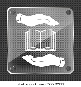 Glass book icon in flat hands on a metallic background - vector illustration