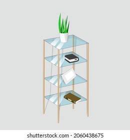 Glass bookshelf with book, notebook, flowerpot and photo frame. vector illustration