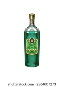 Glass Bottle of Absinthe. Label for retro poster. Engraved hand drawn vintage sketch. Woodcut style