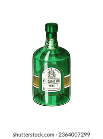 Glass Bottle of Absinthe. Label for retro poster. Engraved hand drawn vintage sketch. Woodcut style