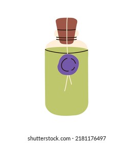 Glass bottle with abstract liquid, potion. Corked, wax sealed container with green fluid essence, ink. Medical elixir, natural extract, poison. Flat vector illustration isolated on white background
