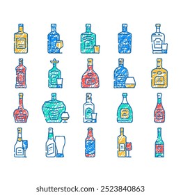 glass bottle alcohol container doodle icons set vector. sketch line art container empty, beverage drink, clear label wine, beer, alcohol plastic lid, liquid glass alcohol container color illustrations