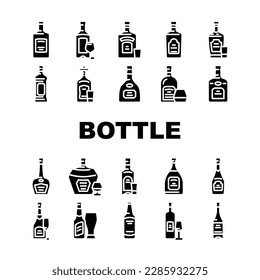glass bottle alcohol container icons set vector. container empty, beverage drink, clear label wine, beer, alcohol plastic lid, liquid glass bottle alcohol container glyph pictogram Illustrations