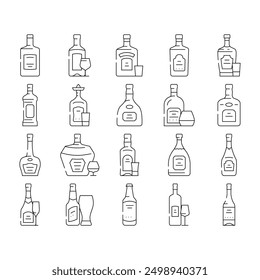 glass bottle alcohol container icons set vector. container empty, beverage drink, clear label wine, beer, alcohol plastic lid, liquid glass bottle alcohol container black contour illustrations