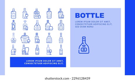 glass bottle alcohol container landing web page header vector. container empty, beverage drink, clear label wine, beer, alcohol plastic lid, glass bottle alcohol container color line illustrations