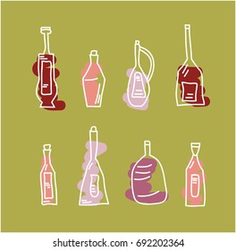 Glass bottle with alcohol are drawn in a careless naive style