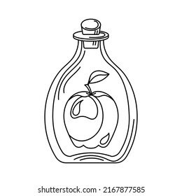 Glass bottle with an apple inside. The concept of nature conservation, health, youth and more. Coloring book page. Vector black and white illustration.