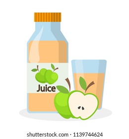 Glass and bottle of apple juice and half of green apple, stock vector illustration