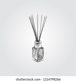 Glass bottle with aroma sticks Sketch Symbol isolated on white background. Vector Aroma sticks In Trendy Style. 
Relaxation hand drawing sketches elements