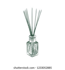 Glass bottle with aroma sticks Sketch Symbol isolated on white background. Vector Aroma sticks In Trendy Style. 
Relaxation hand drawing sketches elements