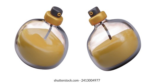 Glass bottle with atomizer and yellow liquid. Scented spray, perfume. Vector textured object in different positions. Realistic templates for dynamic design