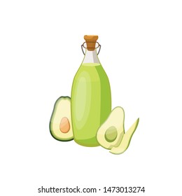 Glass bottle of avocado oil. Organic product. Natural cooking ingredient. Bottle of avocado oil and avocado. Vector illustration.