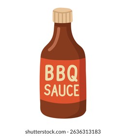 Glass bottle of barbecue sauce with red label and beige cap, drawn in flat cartoon style.