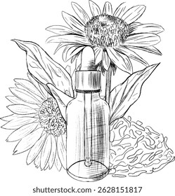 Garrafa de vidro com essência floral bonita e desenho de girassol 