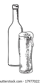 Glass and bottle of beer. Drink at the goblet. Outline hand drawing. Isolated vector object on white background.