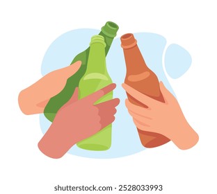 Glass Bottle with Beer Drink in Hands Clinking Together Vector Illustration