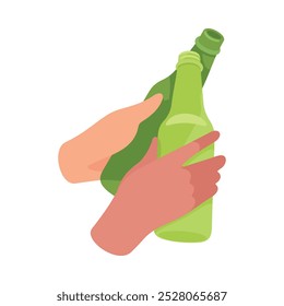 Glass Bottle with Beer Drink in Hands Clinking Together Vector Illustration