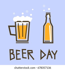  a glass and a bottle of beer, flat design, beer day