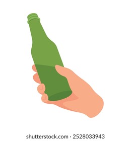 Glass Bottle with Beer Hold by Hand Vector Illustration