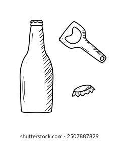 Glass bottle beer icon. Vector illustration of a logo for a bar or pub. Bottle opener and lid doodle sketch isolate on white.