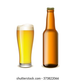 Glass and a bottle of beer isolated on white background. Stock vector illustration.