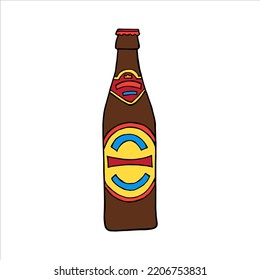 Glass bottle of beer with a label and a cap isolated on a white background. Drawn by hand. Vector element for the design of printed products and textiles