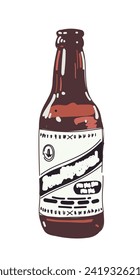 Glass bottle of beer with label design. Alcoholic drinks. Colorful hand drawn watercolour style vector illustration on white background.