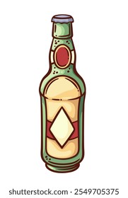 Glass bottle of beer line icon. Outline hand drawn sketch of green package with cap and label for drunk beer party in bar or pub. Oktoberfest, brewery mascot, glassware color icon vector illustration