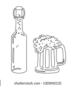 Glass and bottle with beer on white background. Vector illustration.