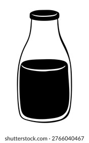 Glass bottle with beverage hand drawn doodle graphic illustration. Engraving drawing of dairy drink. Drawing sketch container milk, yogurt, drink, juice for menu, stickers, recipe