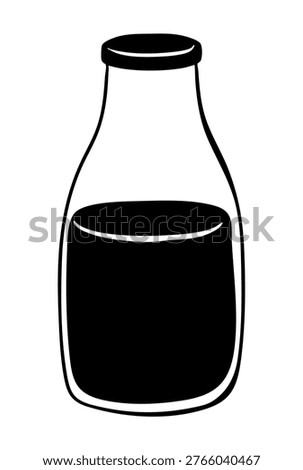 Glass bottle with beverage hand drawn doodle graphic illustration. Engraving drawing of dairy drink. Drawing sketch container milk, yogurt, drink, juice for menu, stickers, recipe