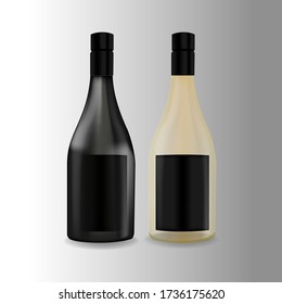 Glass bottle. Black and white version. Wine or champagne. Isolated vector