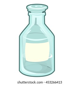 Glass bottle with blank white label isolated on white background. Vector cartoon close-up illustration.