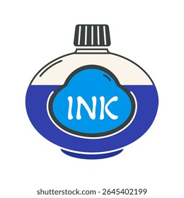 Glass bottle with blue ink, vector icon. Transparent inkwell with label and stopper. Liquid for writing letters, handwriting, calligraphy. Stationery for school, office. Hand drawn color clipart