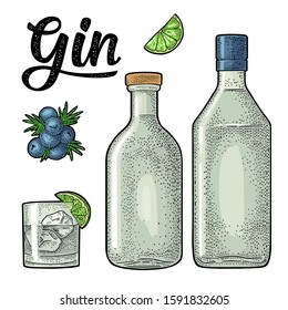 Glass, bottle and branch of juniper with berries. Handwriting calligraphic lettering gin. Vintage vector color engraving illustration for label, poster, web. Isolated on white background