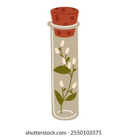 Una botella de vidrio con una rama de flores blancas en el interior. Floristería casera para la memoria. Un Pequeño frasco con tapa para guardar recuerdos. Terrario para plantas, herbario, flores secas. Ilustración vectorial