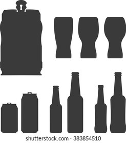 Glass, bottle, can, draft keg of fresh cold hop pilsner or lager barley or wheat beer vector set of icons illustration