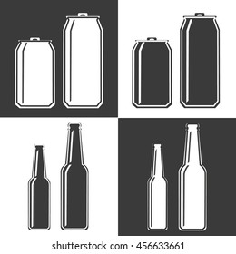 Glass, bottle, can of fresh cold hop pilsner or lager barley or wheat beer vector set of icons illustration
