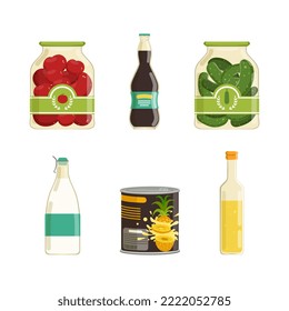 Glass Bottle and Can with Label from Supermarket Shelf Vector Set