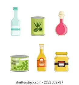 Glass Bottle and Can with Label from Supermarket Shelf Vector Set
