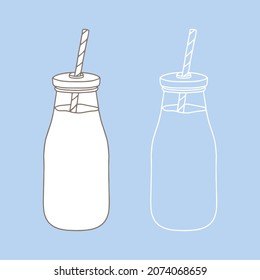 Glass bottle with cap and straw. Great for illustrating milk or other beverages.