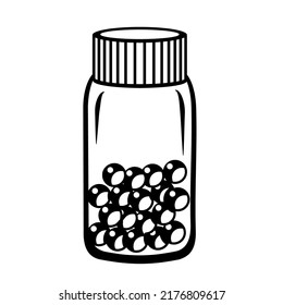 Frasco de vidrio con cápsulas de nitroglicerina. Medicina para enfermedades cardíacas. Medicamento tratamiento farmacéutico estilo simple detallado logotipo icono ilustración vectorial cura aislada.