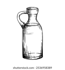 Glass bottle, carafe with olive oil, liquid, water. Cooking oil or fat food vegetable sauce. Black and white vector hand drawn illustration for product label, menus. Isolated line art from background.