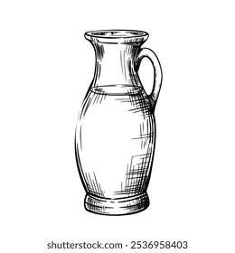 Glass bottle, carafe with olive oil, liquid, water. Drink jar or food vegetable sauce. Black and white vector hand drawn graphic illustration for product label, menu. Isolated line art from background
