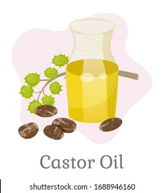 Glass bottle with castor oil for hair treatment or growth. Organic and natural ingredient for cosmetics. Isolated container with essence and branch with fruits. Skincare and body care, vector in flat