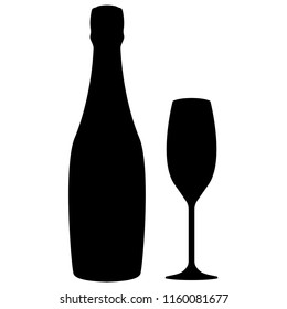 Glass and bottle of champagne. Black silhouette. Vector illustration isolated on white background