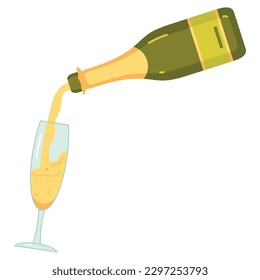 Glass and bottle of champagne. Flat vector illustration on white background